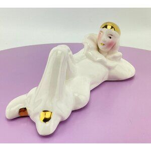 Vintage 1980s Pierrot clown figurine, gold, white porcelain, kitsch Harlequin